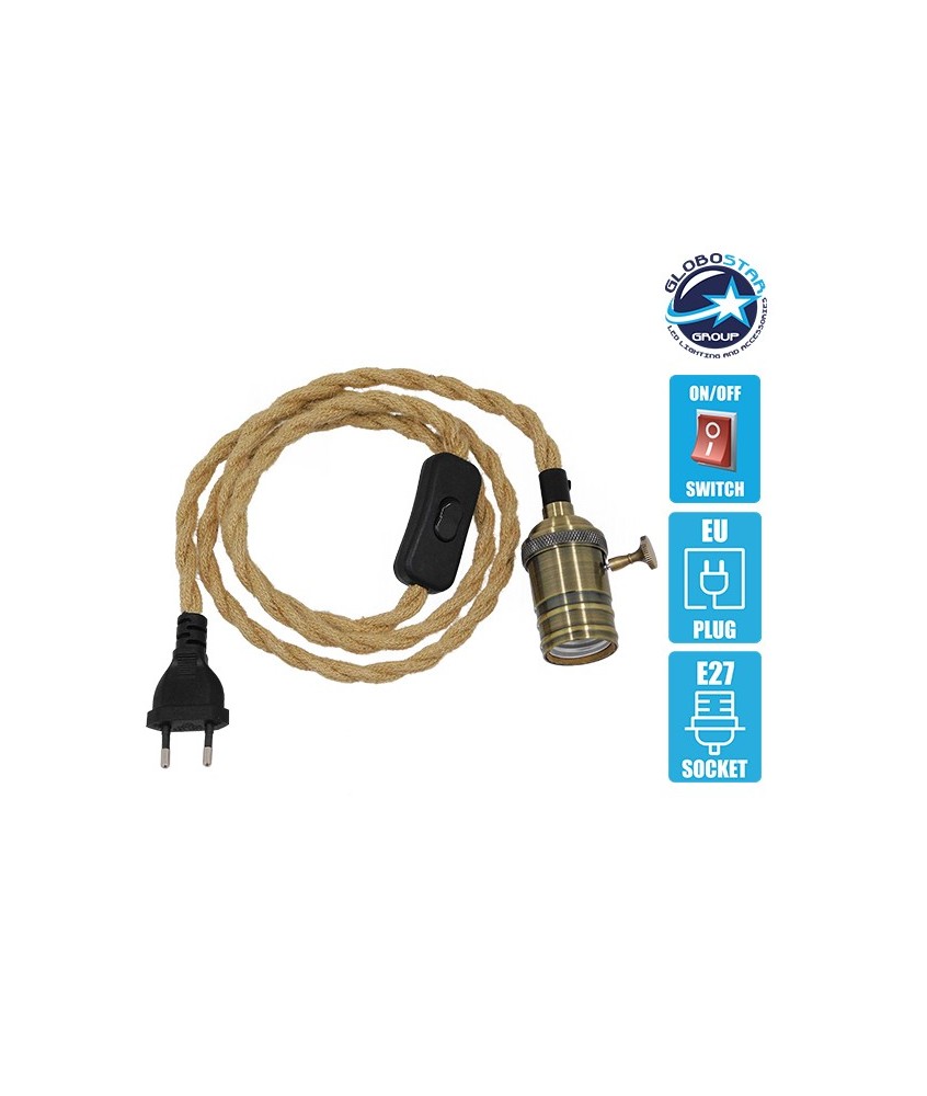 GLOBOSTAR® WHIP 91041 Μοντέρνο DIY Φωτιστικό με Πλεκτό Καλώδιο, Ντουί 1 x E27, Διακόπτη On-Off & Πρίζα AC 220-240V IP20 - Μπεζ & Μπρούτζινο - Μ150 x Π5.8 x Υ5.8cm